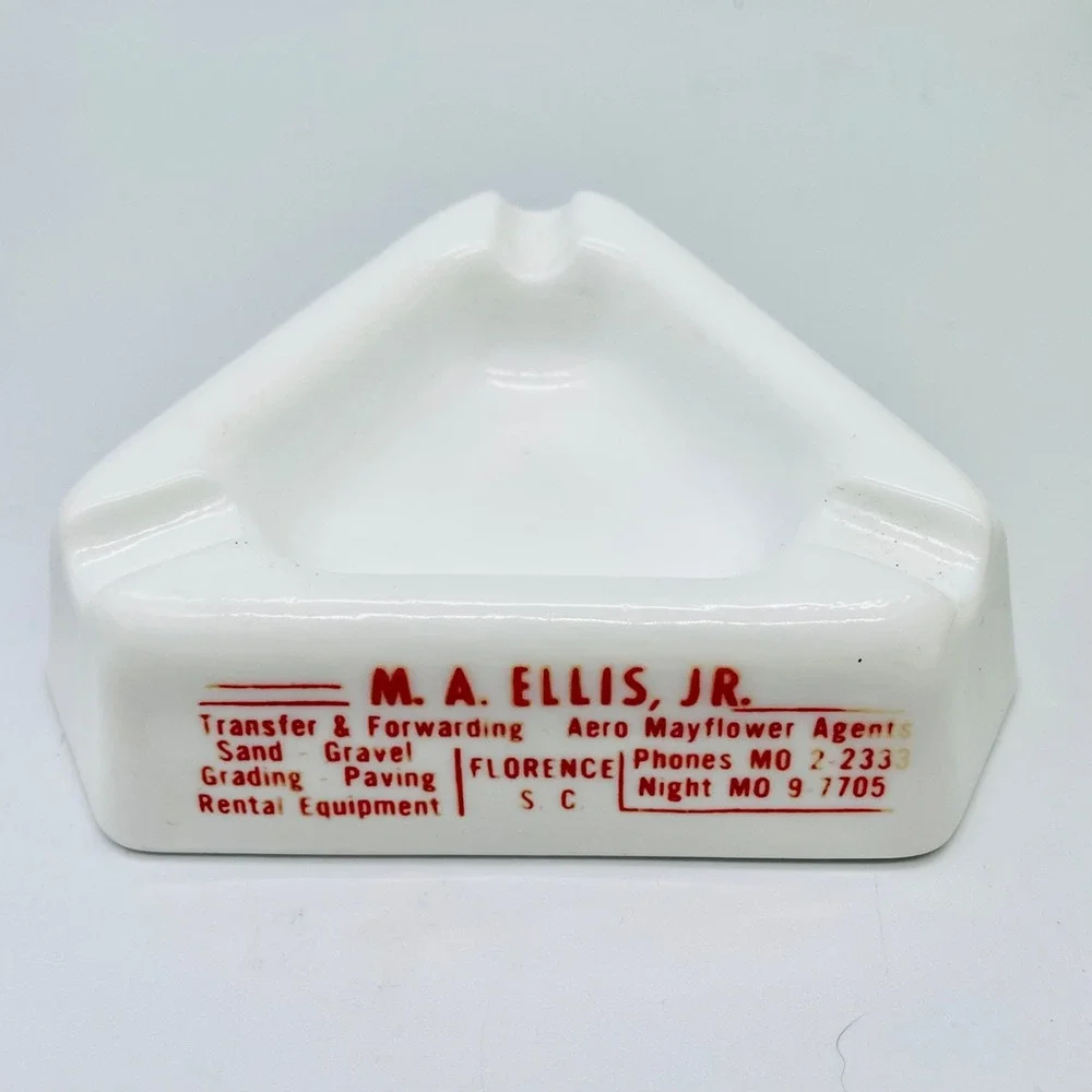 Vintage Florence SC Advertising Ashtray Milk Glass M.A. Ellis Jr